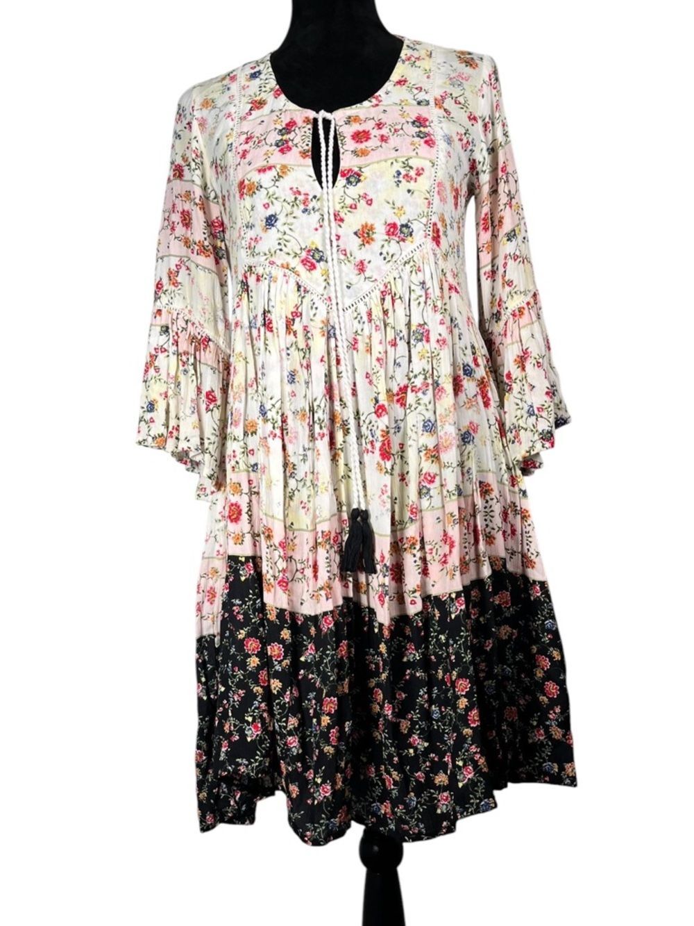 Floral Tiered Boho Dress Tassel Tie Cream Black Prairie Babydoll Milkmaid XS